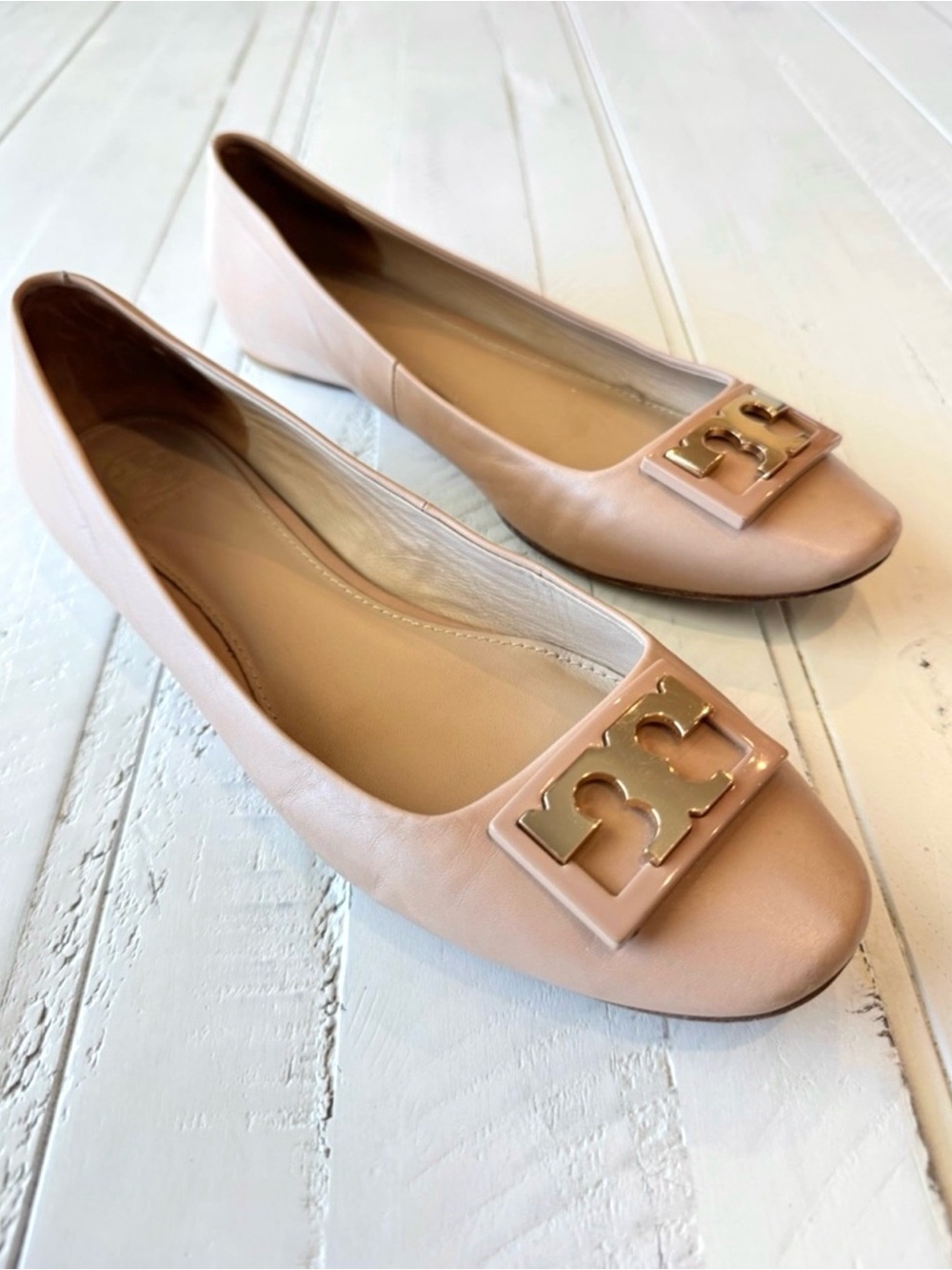 Tory Burch Ballet Flats Leather Logo Beige Size 8M - Picture 4 of 10